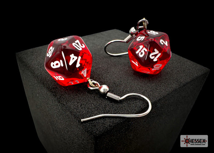 Red dice-shaped earrings on a black background with Chessex logo.