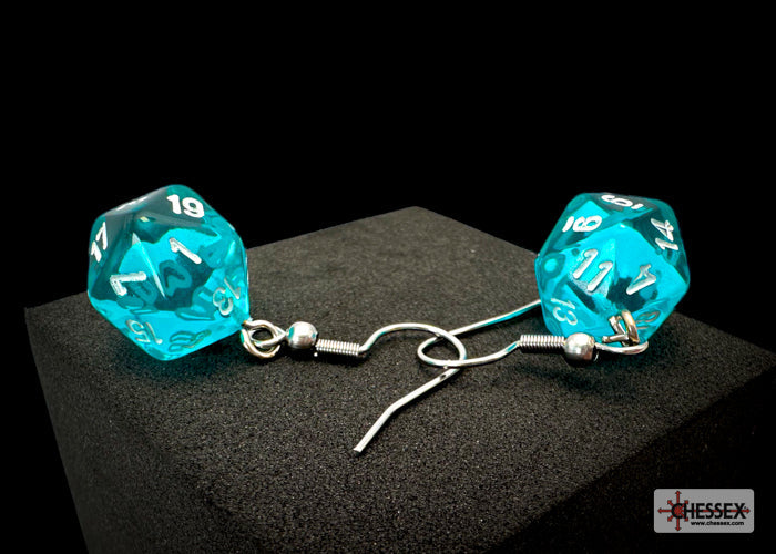 Teal D20 dice earrings on a black background with Chessex logo.