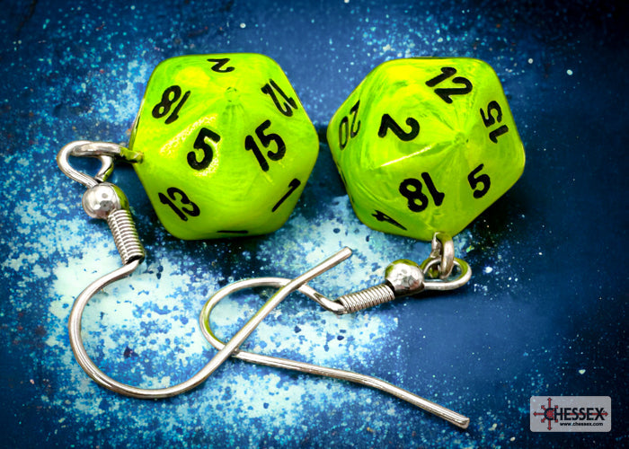 Green polyhedral dice earrings on a blue textured background with a Chessex logo.