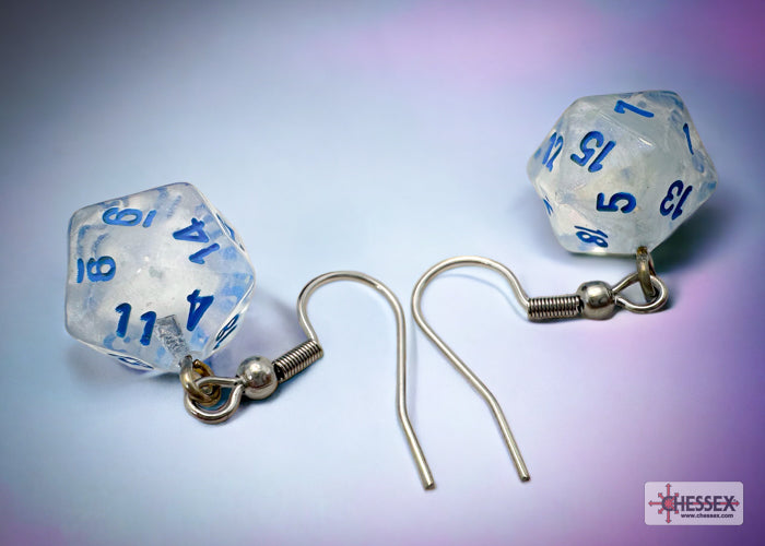 D20 dice-shaped earrings with blue numbers on a gradient background