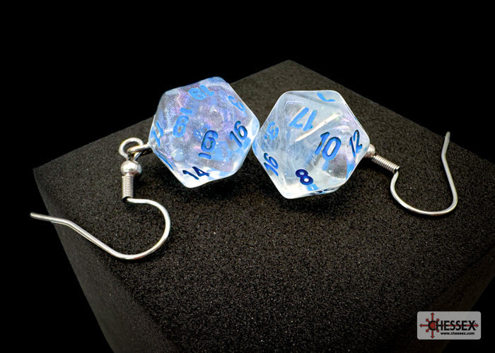 D20 dice earrings with blue numbers on a black background