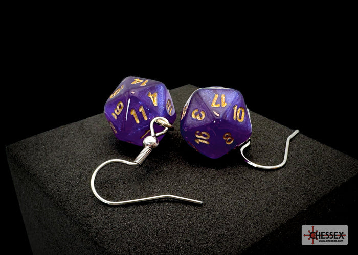 Purple polyhedral dice earrings with gold numbers on a black background, featuring the Chessex brand.