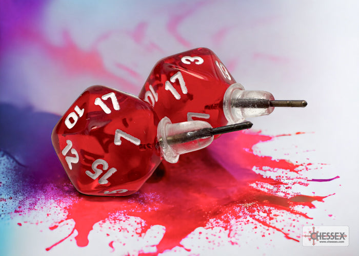 Two red dice with white numbers on a colorful background, featuring the Chessex brand.