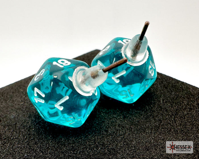 Two blue polyhedral dice with white numbers on a black surface, branded 'Essex'.