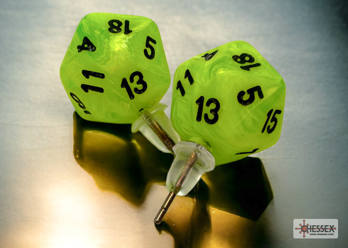 Two green polyhedral dice with black numbers on a reflective surface, with a brand logo in the corner.