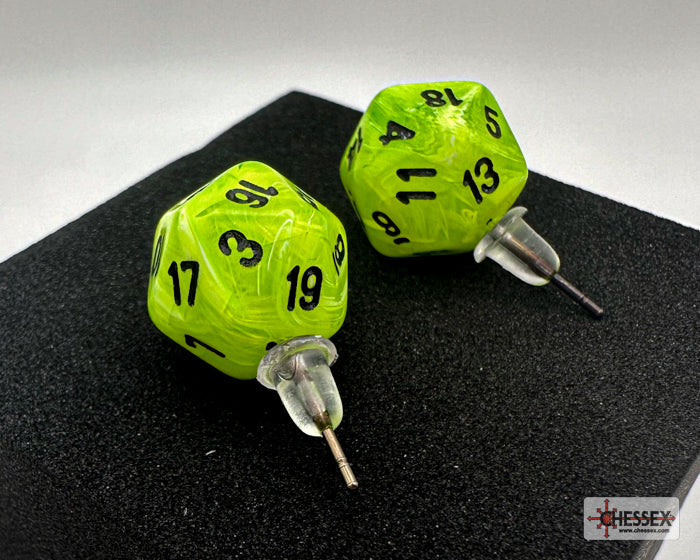Two green dice with black numbers on a black surface, with a brand logo in the corner.