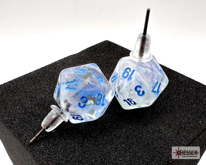 D20 dice earrings on a black foam block with 'Essex' branding.