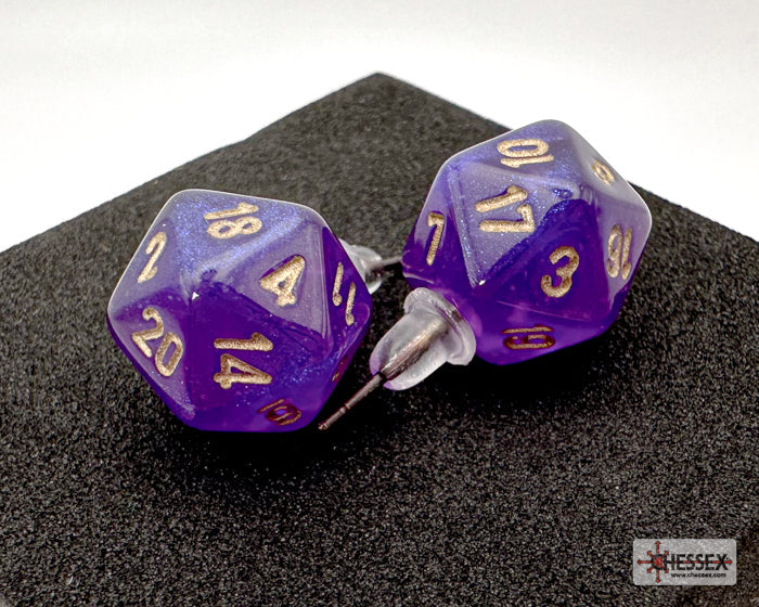Two purple polyhedral dice with gold numbers on a black surface, branded 'Essex'.