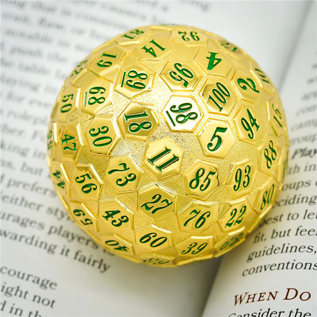Golden Metal d100 w/ Green Numbers Dungeons and Dragons RPG