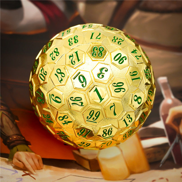 Golden Metal d100 w/ Green Numbers Dungeons and Dragons RPG