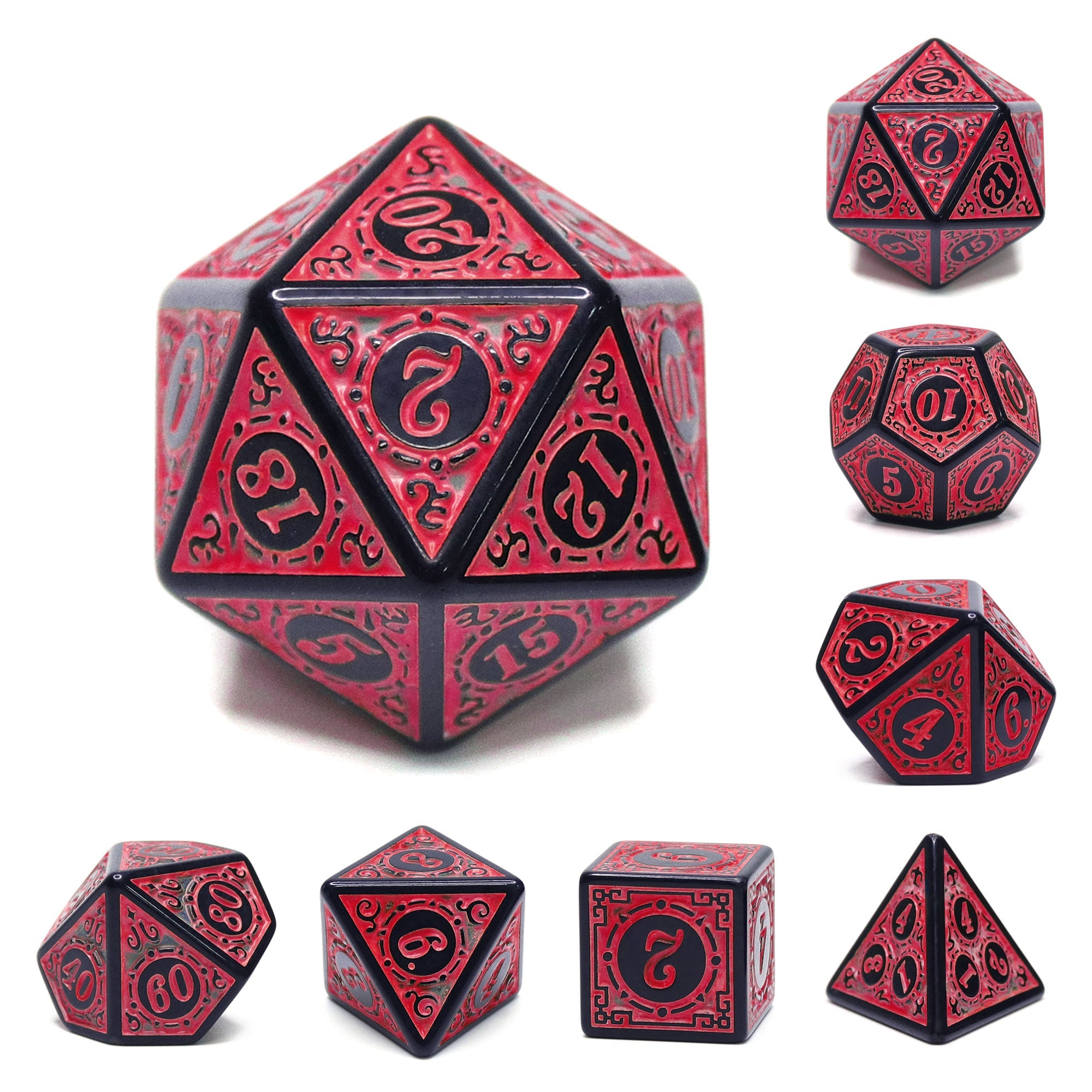 Red and black polyhedral dice set on a white background