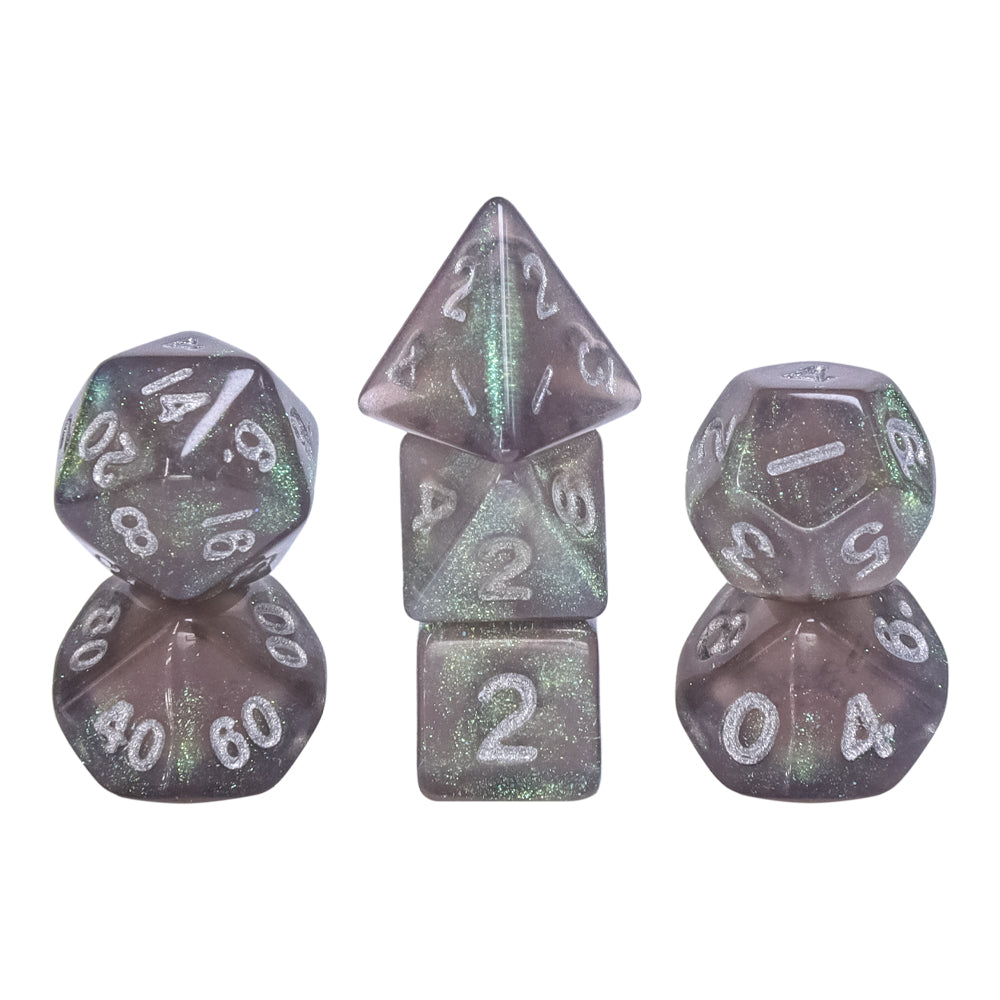 Grey Iridescent 7-Dice Mini-Dice RPG Set w/Silver Numbers Miniature Dice