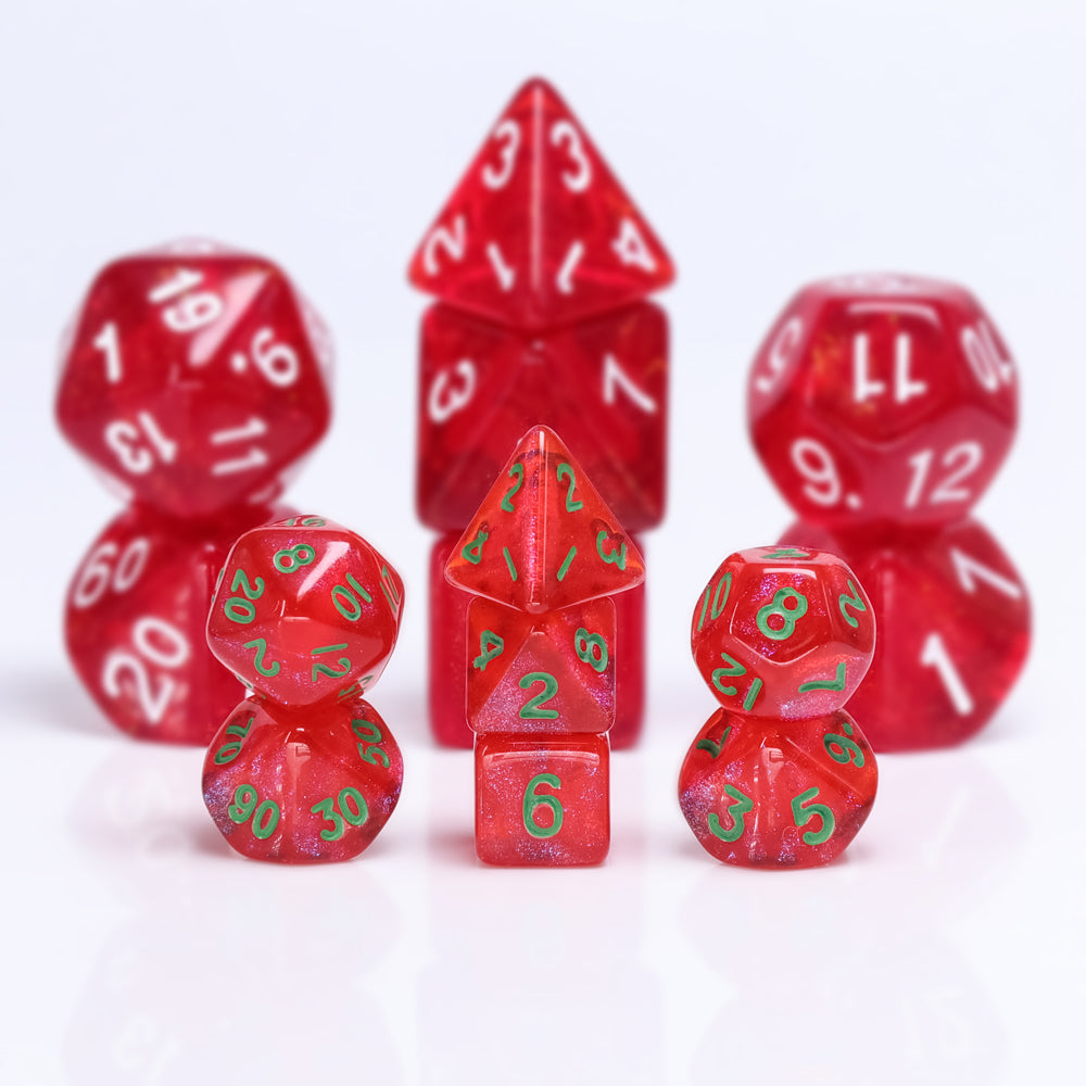 Glitter Red 7-Dice Mini-Dice RPG Set w/Green Numbers Miniature Dice