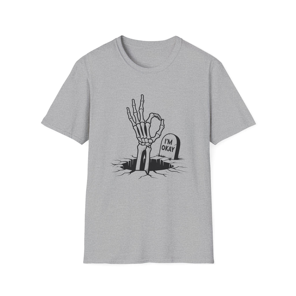 Gray t-shirt with a skeleton hand graphic and 'I'm Okay' text on a white background