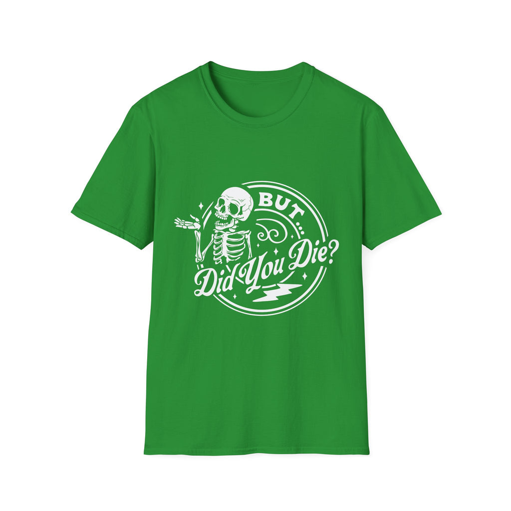 Green t-shirt with a skeleton graphic and text on a white background
