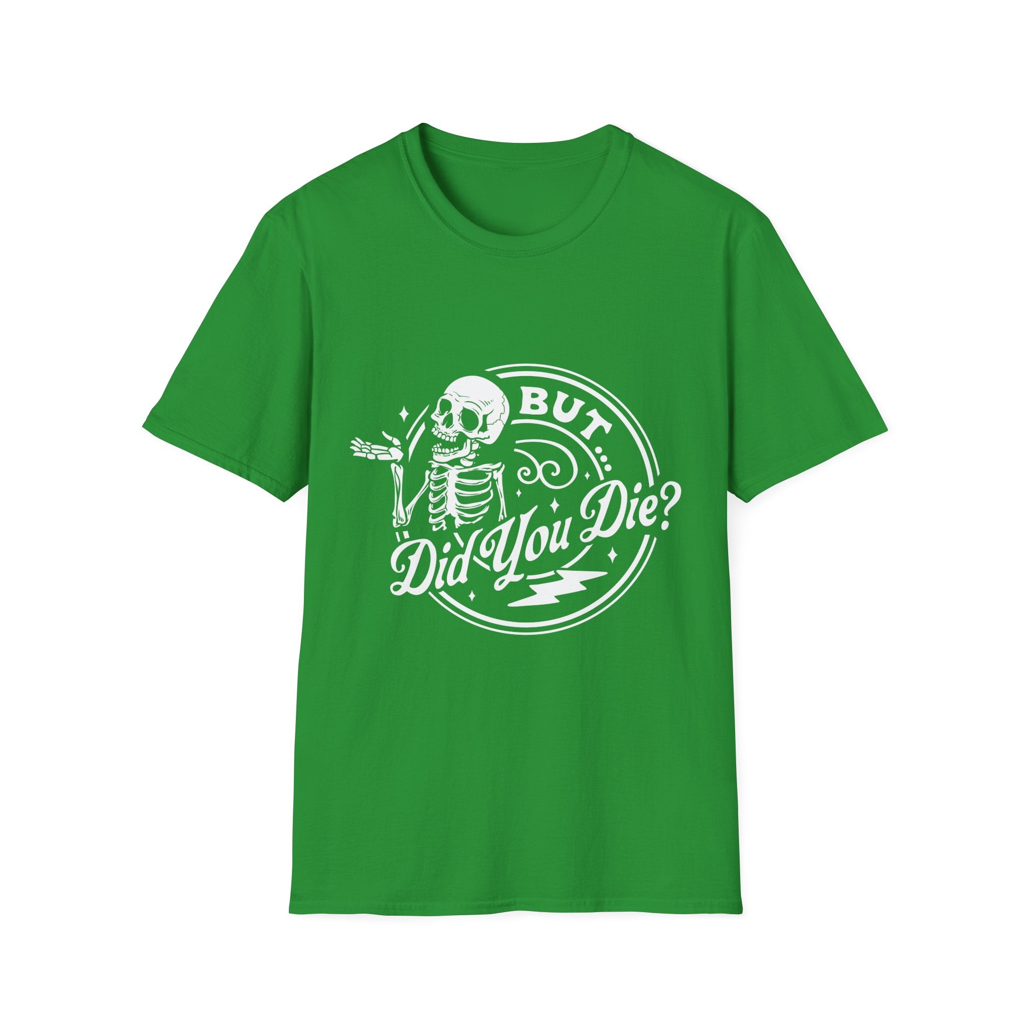 Green t-shirt with a skeleton graphic and text on a white background