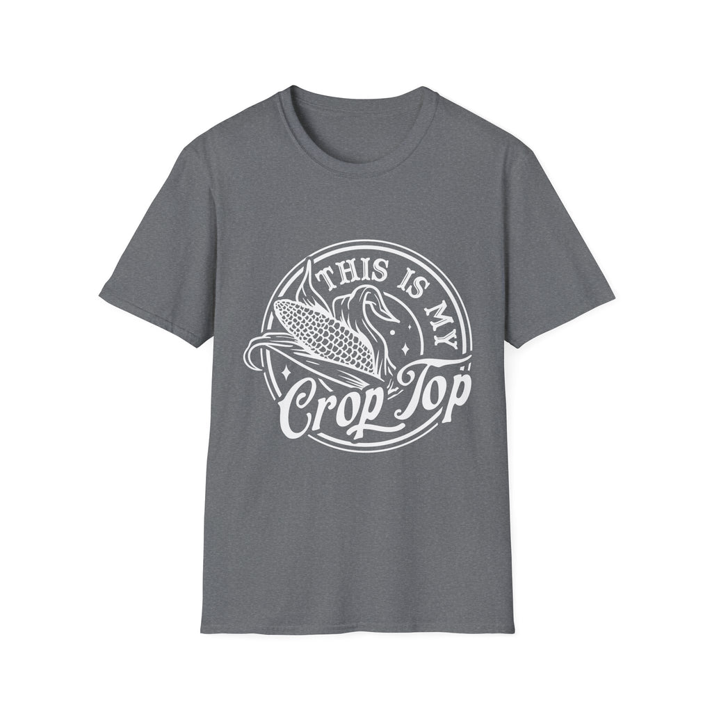 Gray t-shirt with white graphic and text 'This is my Crop Top' on a white background