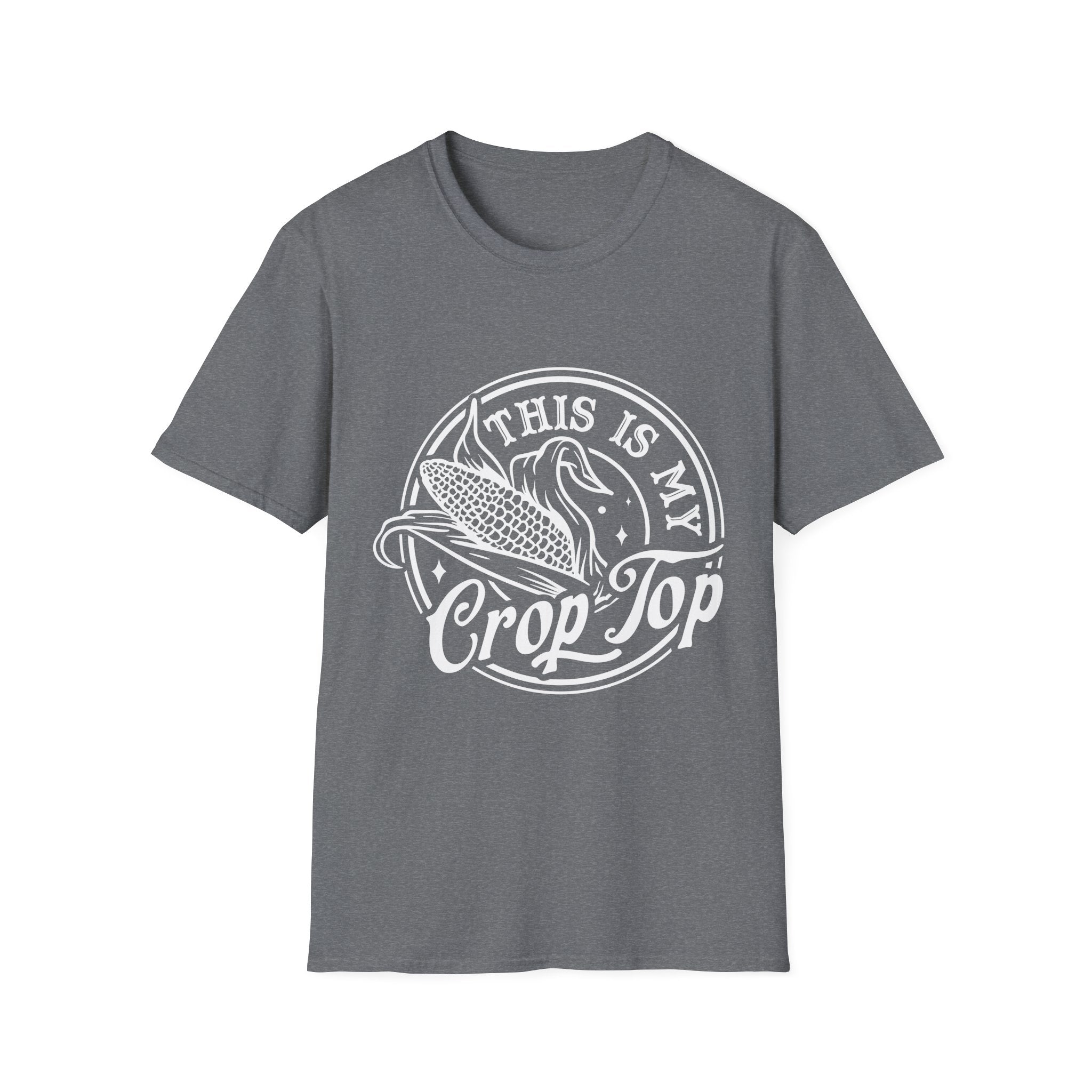 Gray t-shirt with white graphic and text 'This is my Crop Top' on a white background