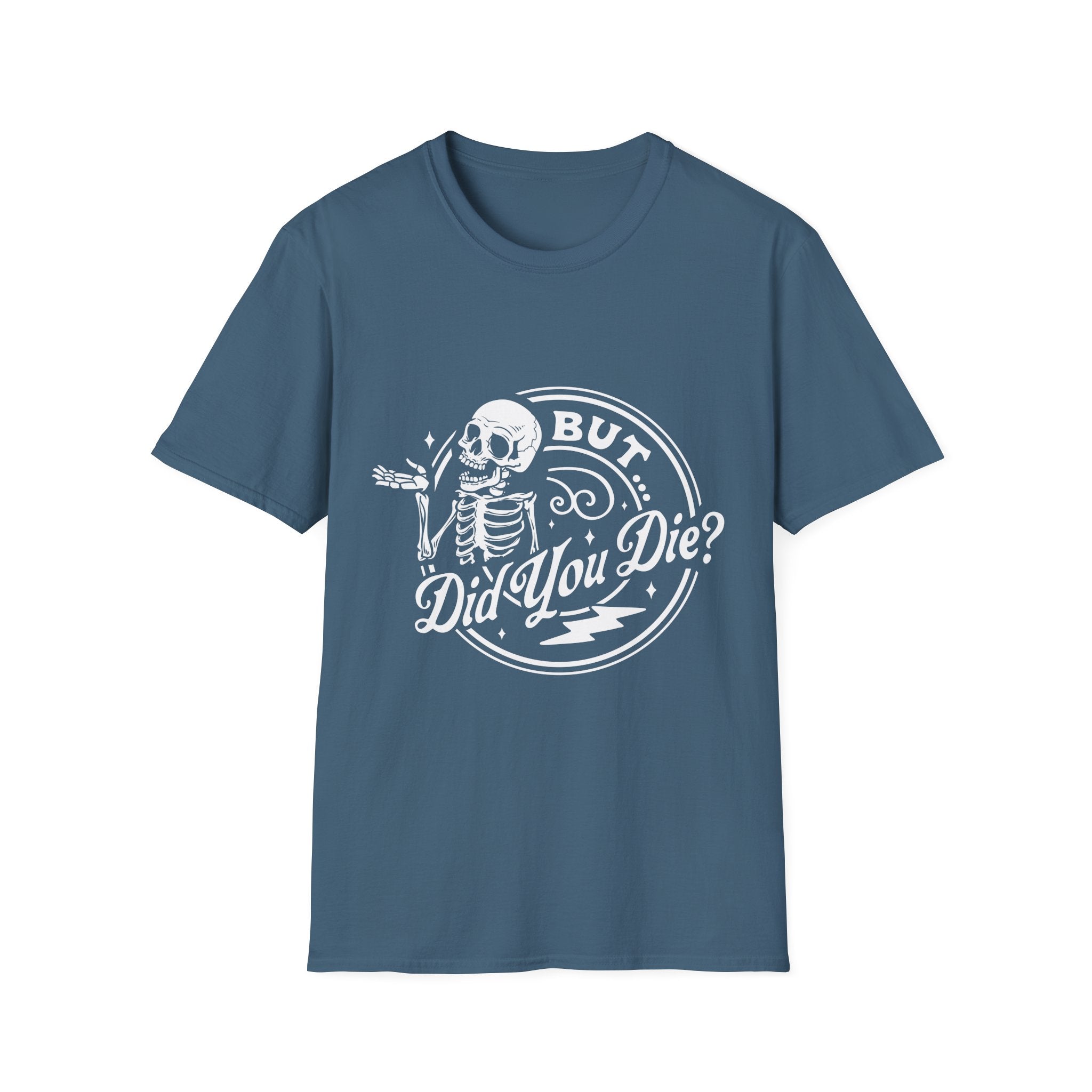 Blue t-shirt with a skeleton graphic and text on a white background