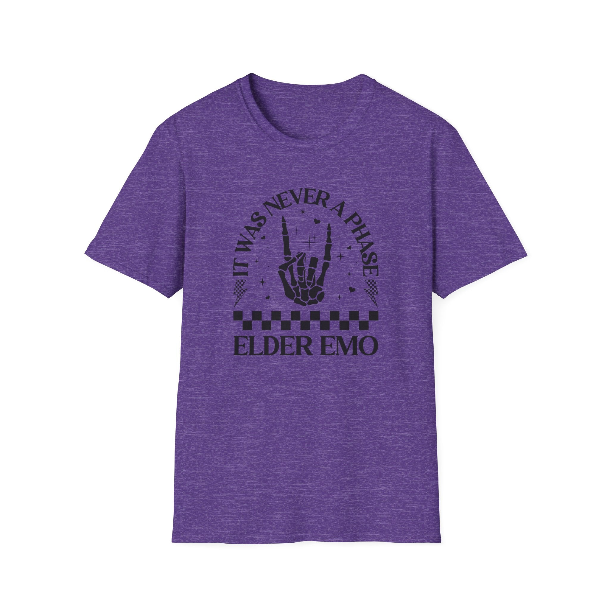 Purple t-shirt with black graphic and text on a white background