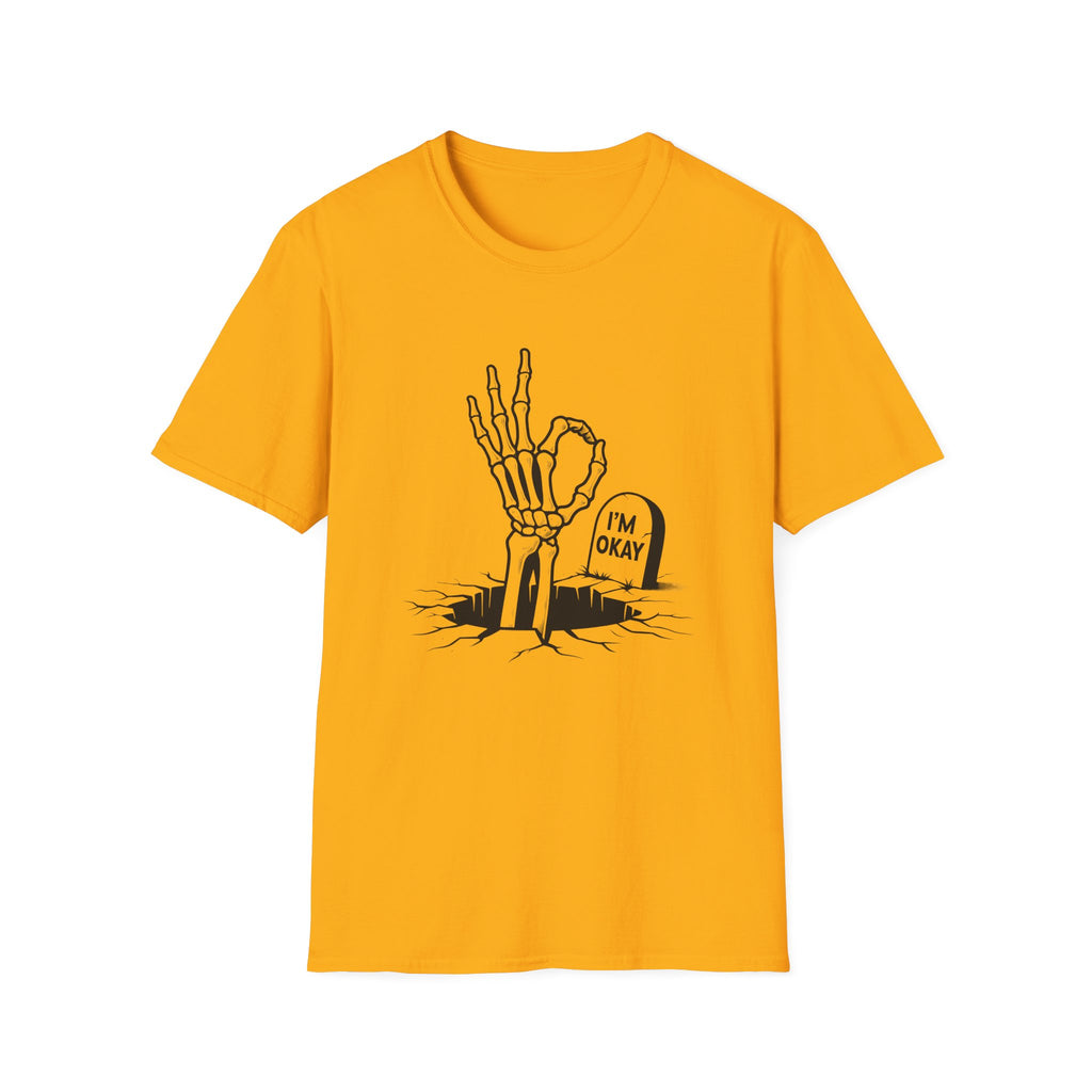 Yellow t-shirt with a black graphic of a hand and tombstone on a white background