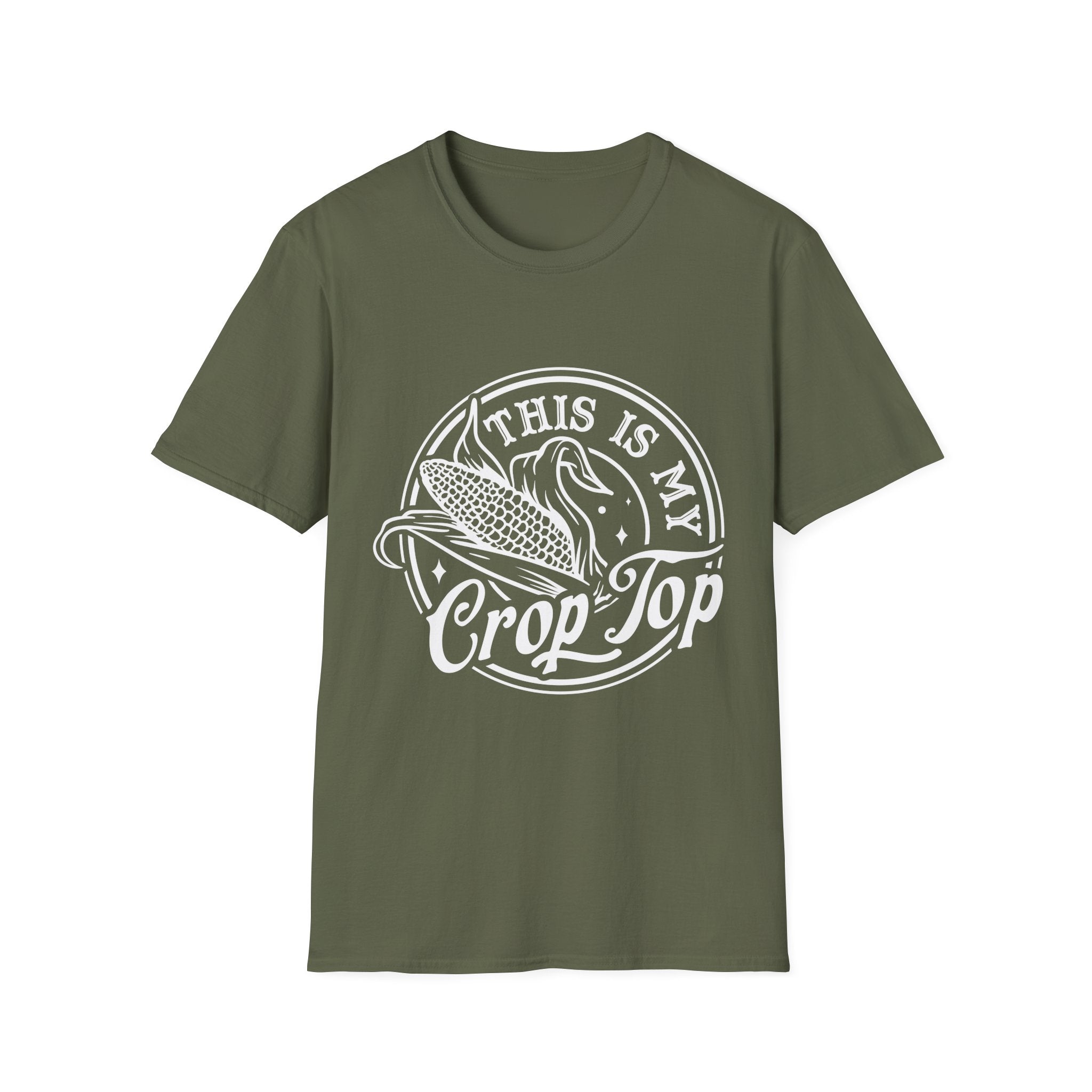 Green t-shirt with white graphic and text on a white background