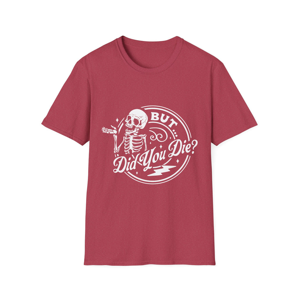 Red t-shirt with a skeleton graphic and text on a white background