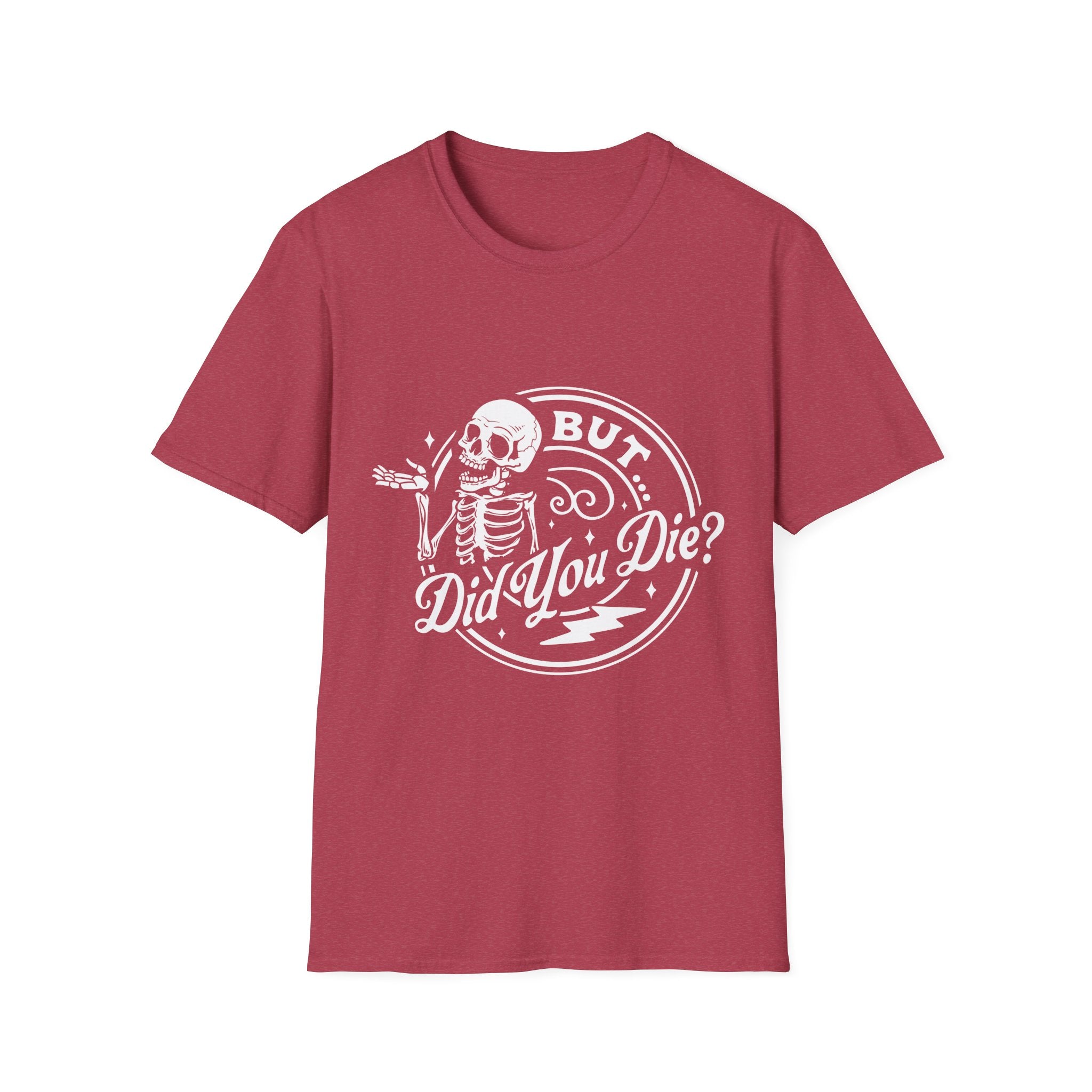 Red t-shirt with a skeleton graphic and text on a white background