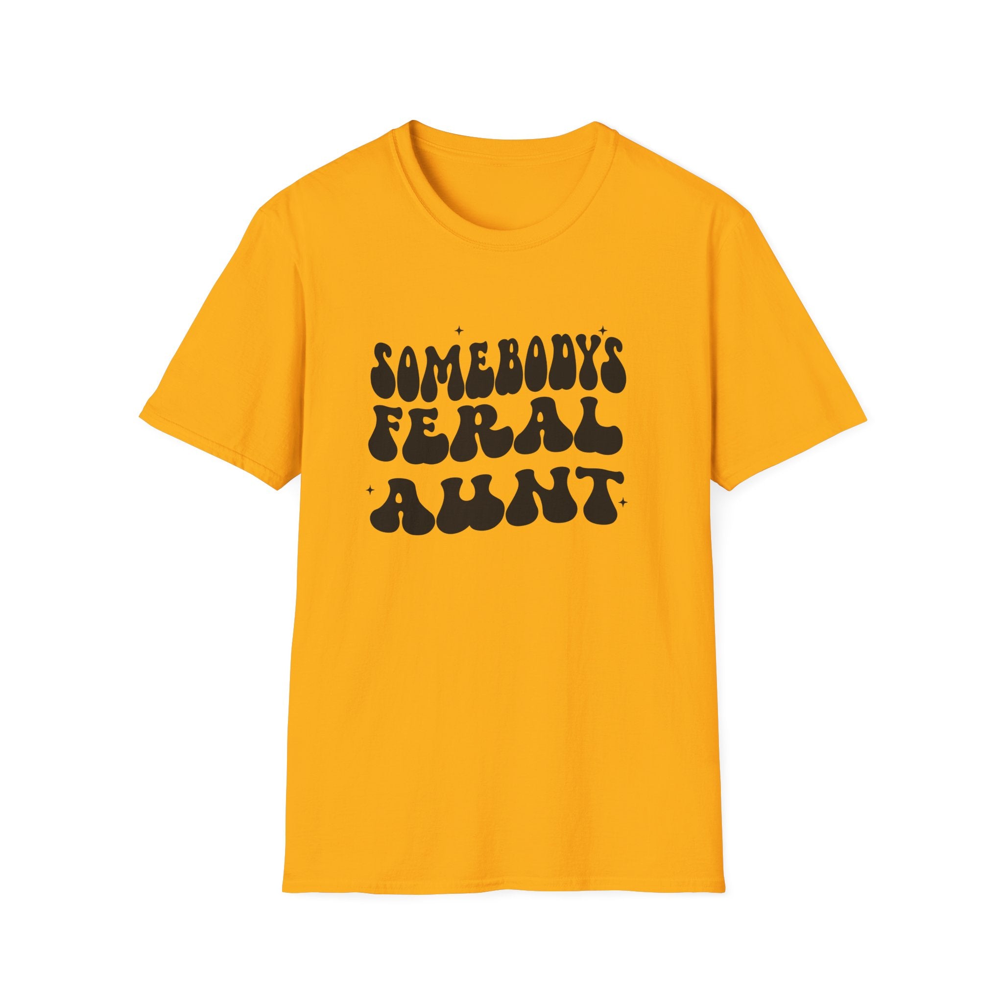Yellow t-shirt with black text on a white background