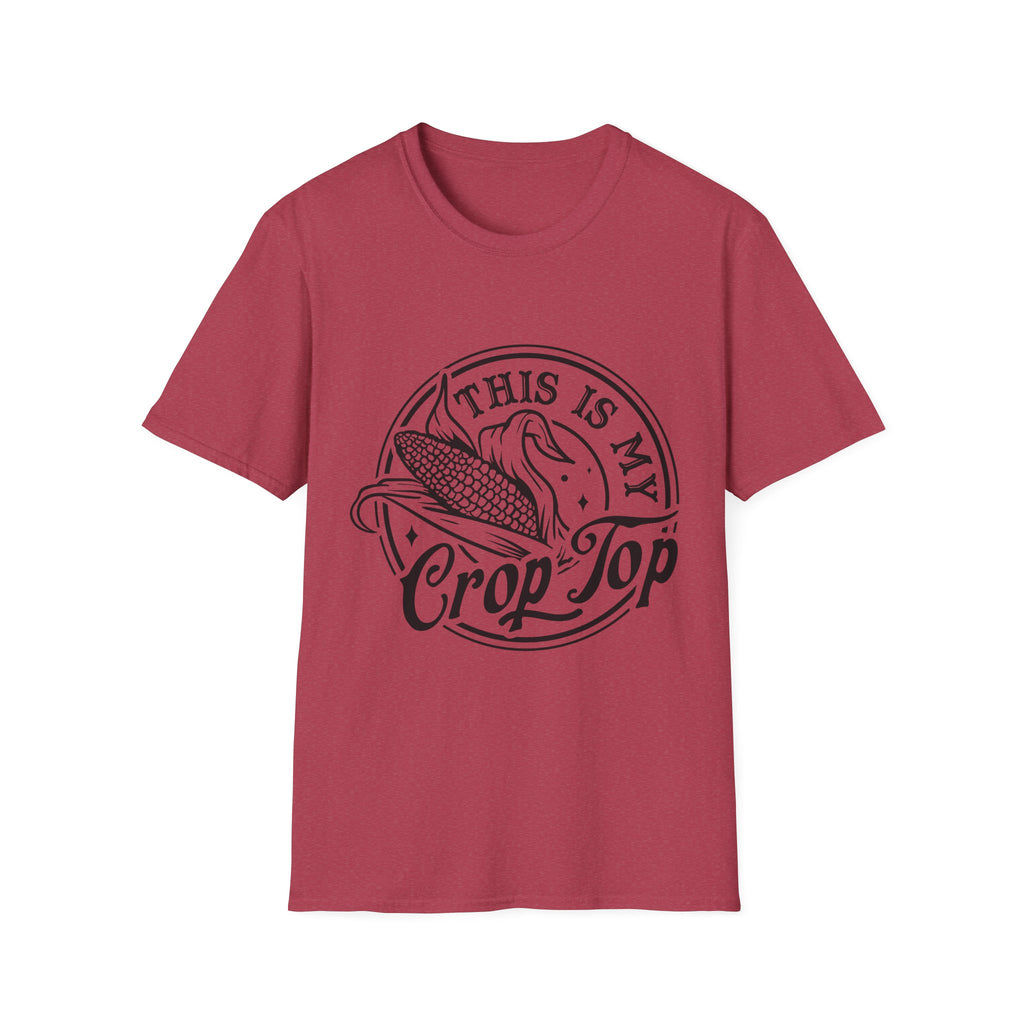 Red t-shirt with 'This is my Crop Top' graphic on a white background