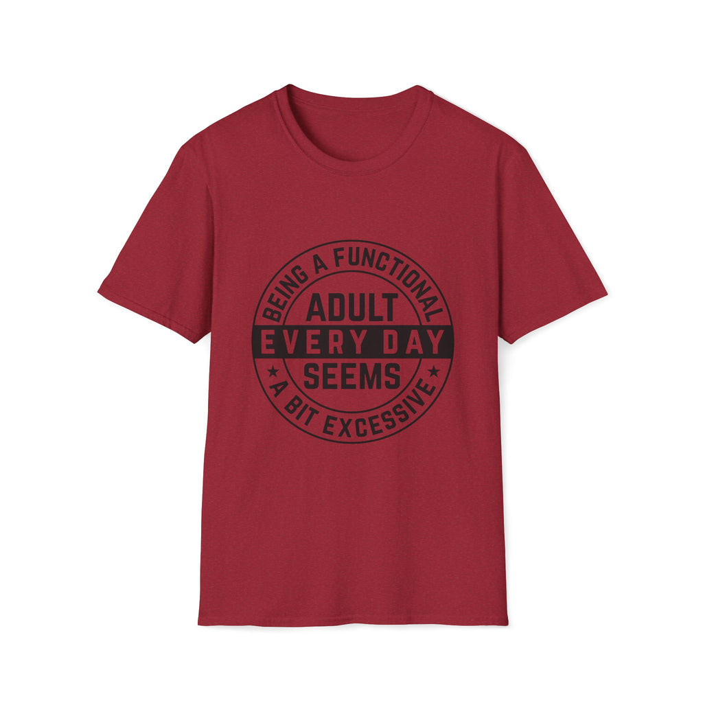 Red t-shirt with black text on a white background