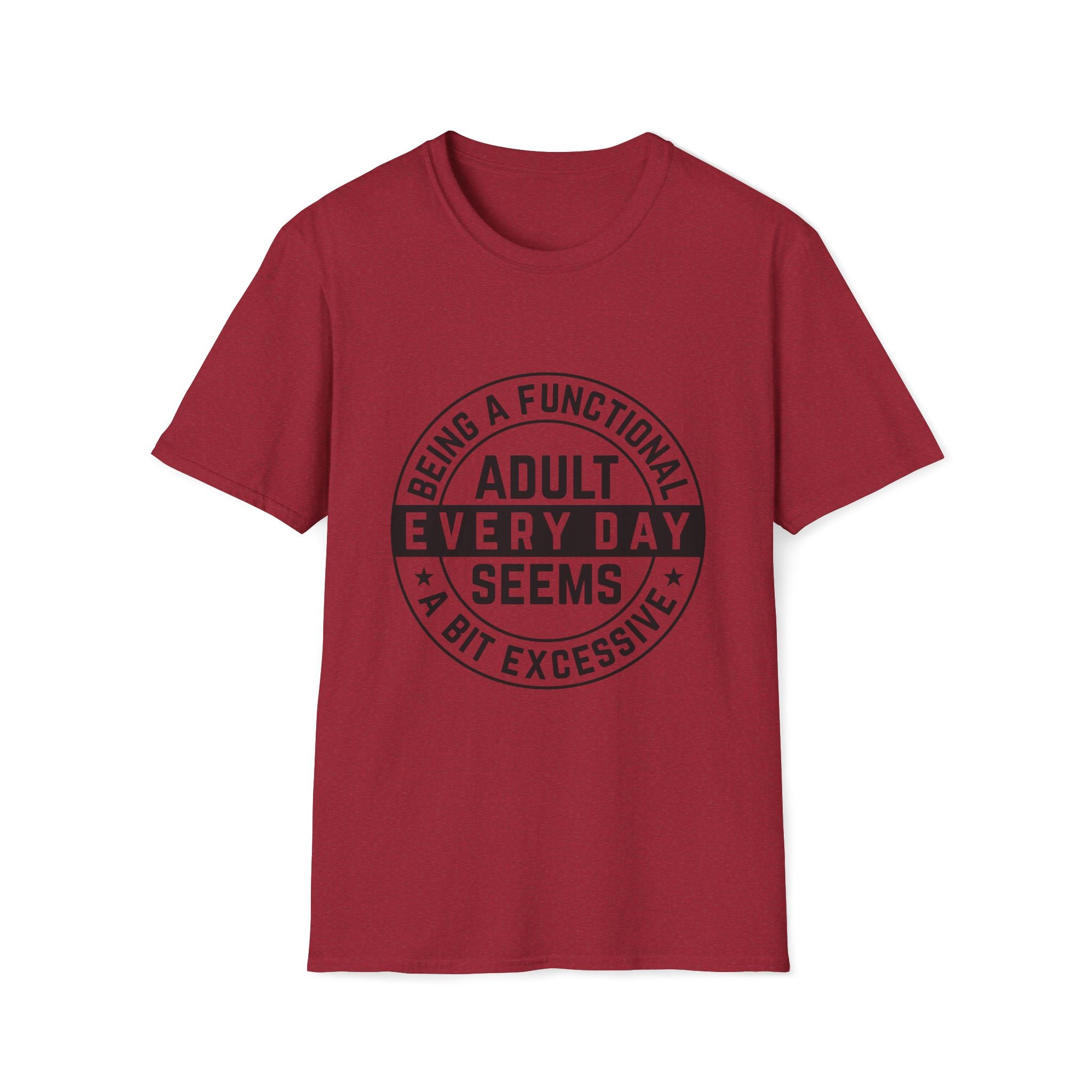 Red t-shirt with black text on a white background