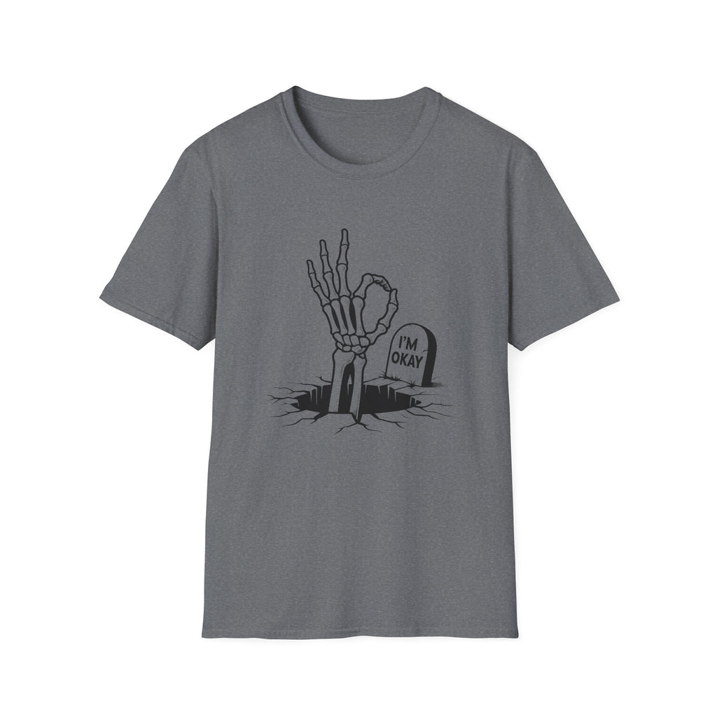 Gray t-shirt with skeleton hand graphic and 'I'm okay' text on a white background
