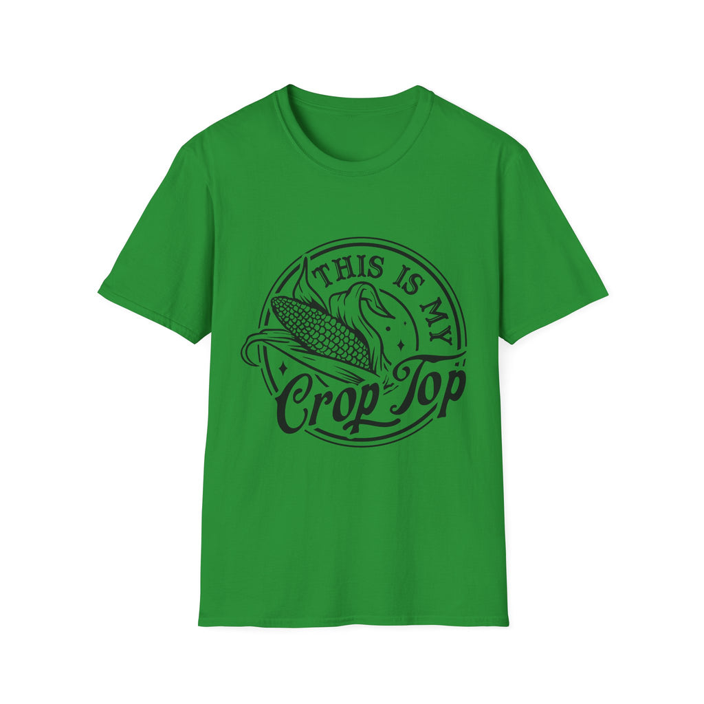 Green t-shirt with 'This is my Crop Top' text and corn graphic on a white background