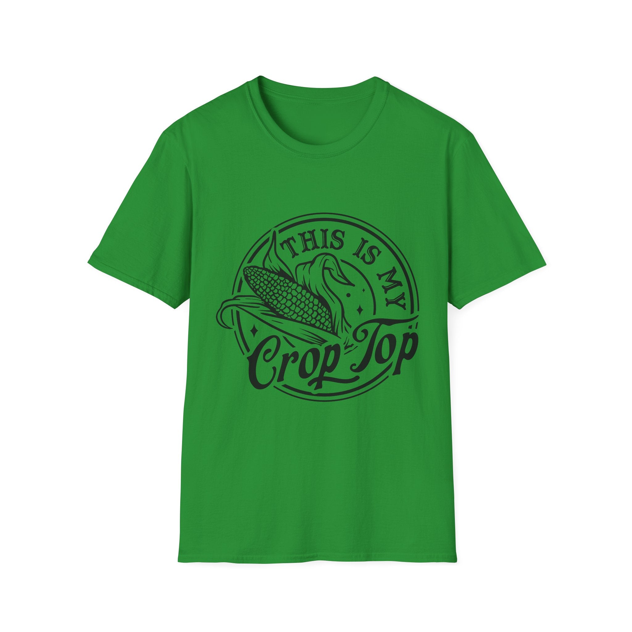 Green t-shirt with 'This is my Crop Top' text and corn graphic on a white background