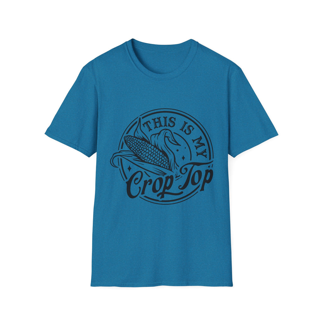 Blue t-shirt with 'This is my Crop Top' text and graphic on a white background