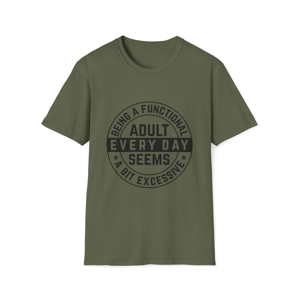 Green t-shirt with black text on a white background