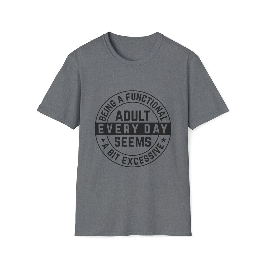 Gray t-shirt with black text on a white background