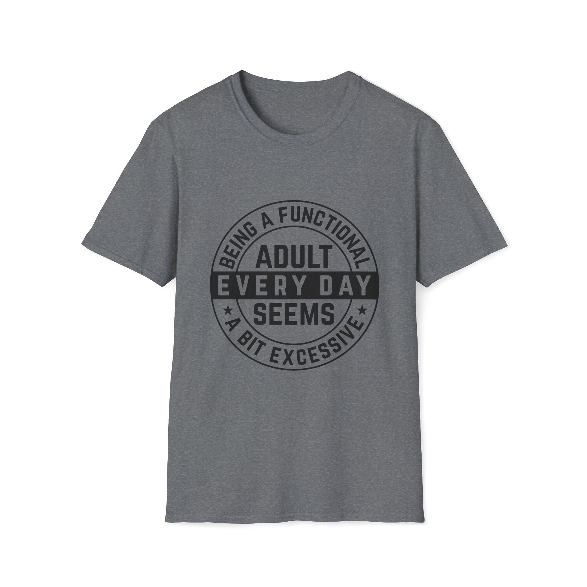 Gray t-shirt with black text on a white background