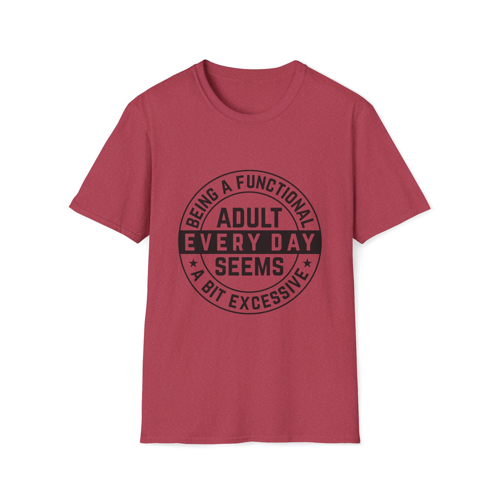 Red t-shirt with black text on a white background