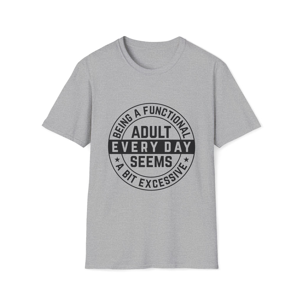 Gray t-shirt with black text on a white background