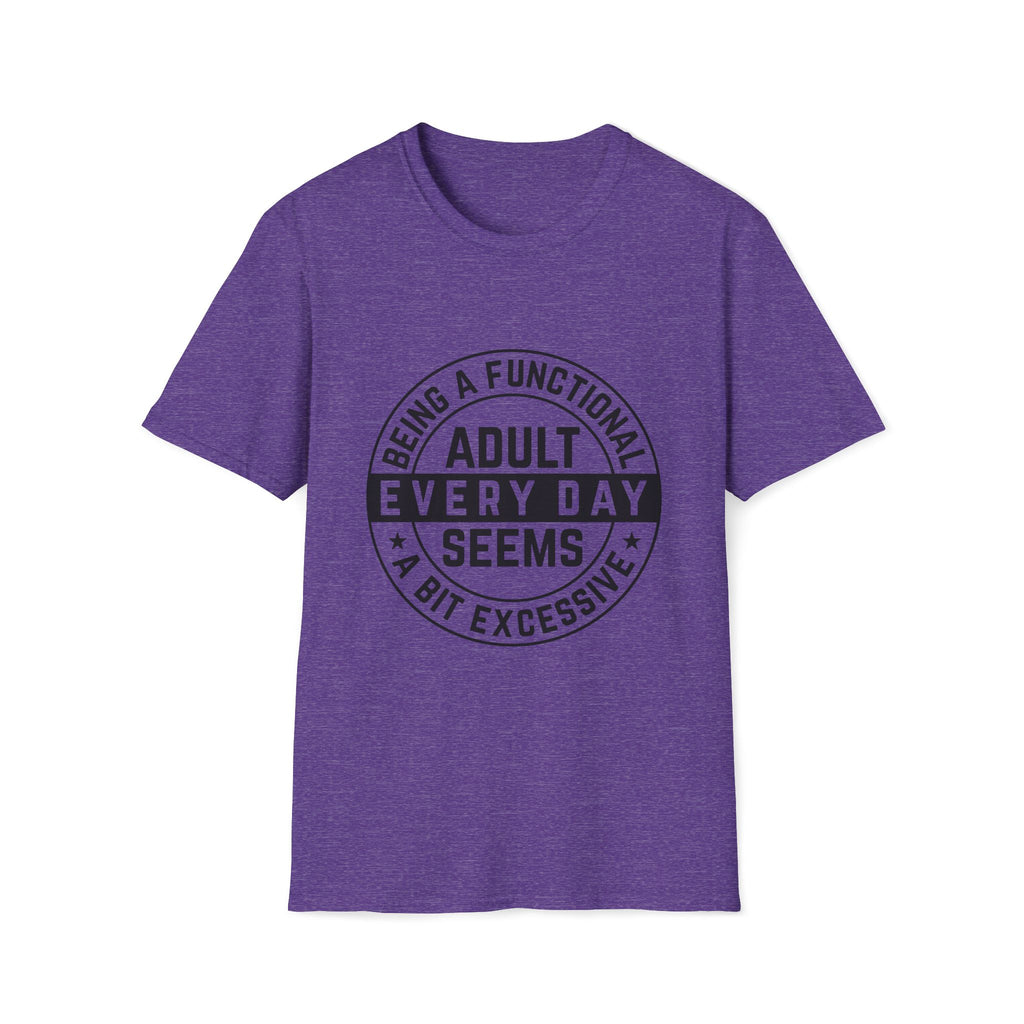 Purple t-shirt with black text on a white background
