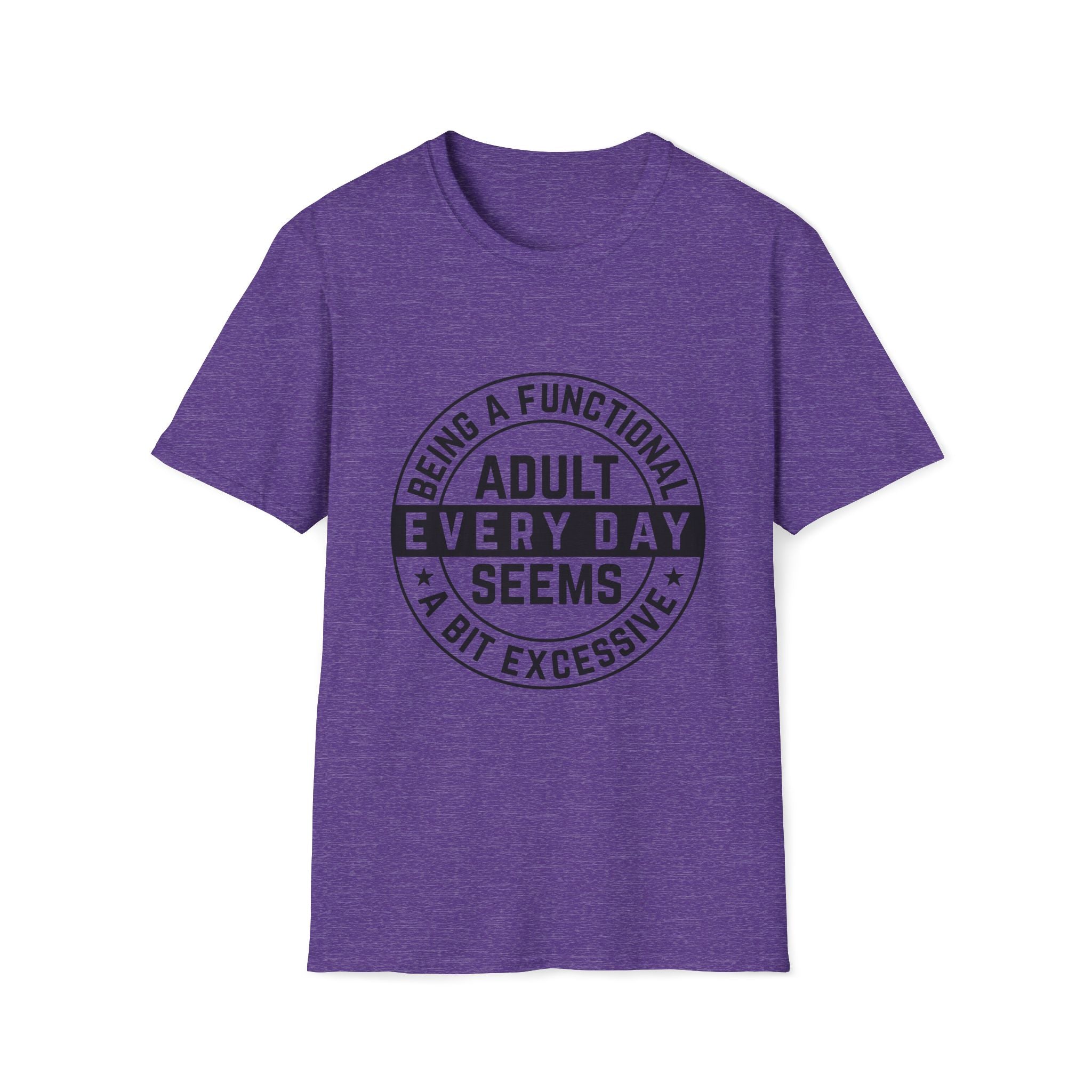 Purple t-shirt with black text on a white background