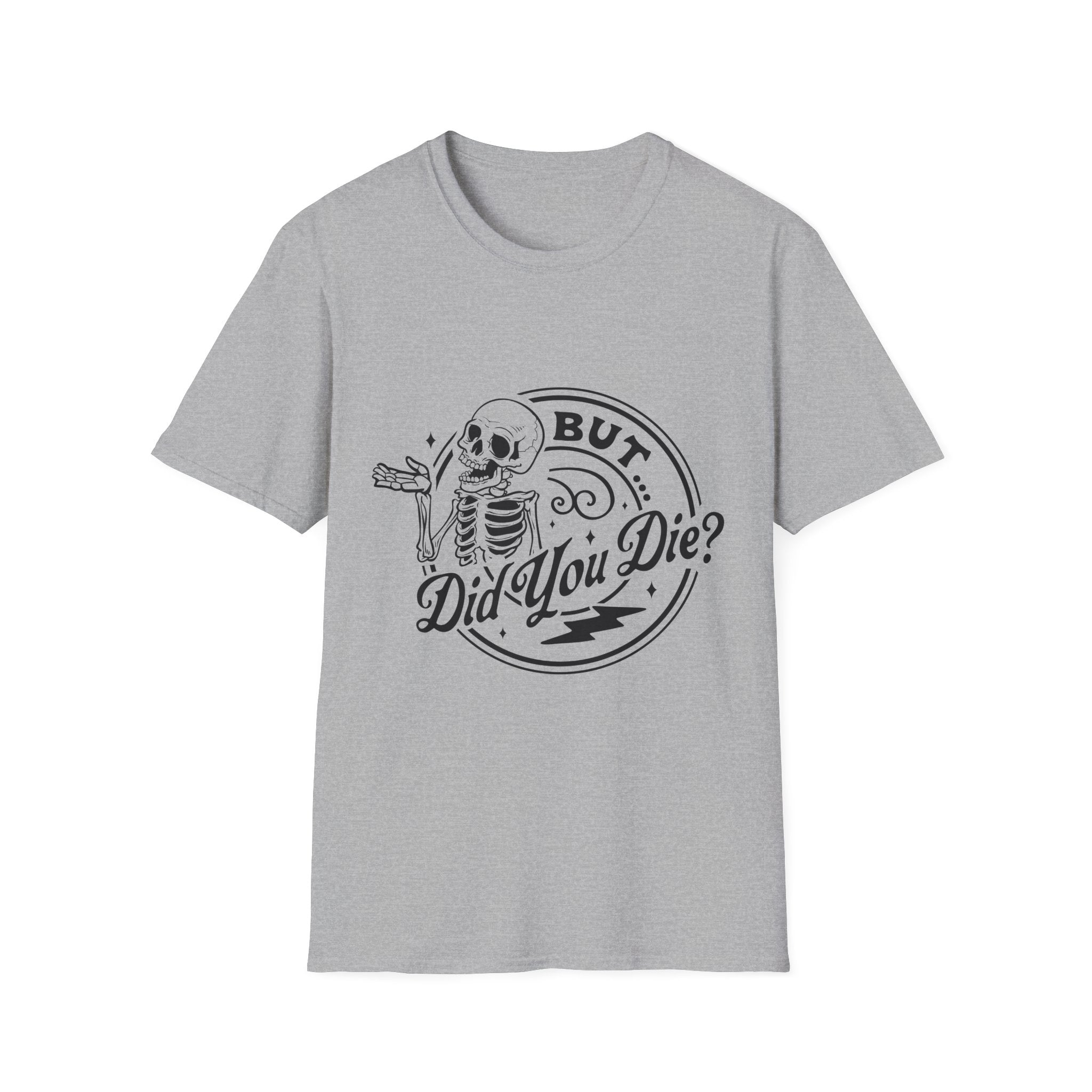 Gray t-shirt with a skeleton graphic and text on a white background