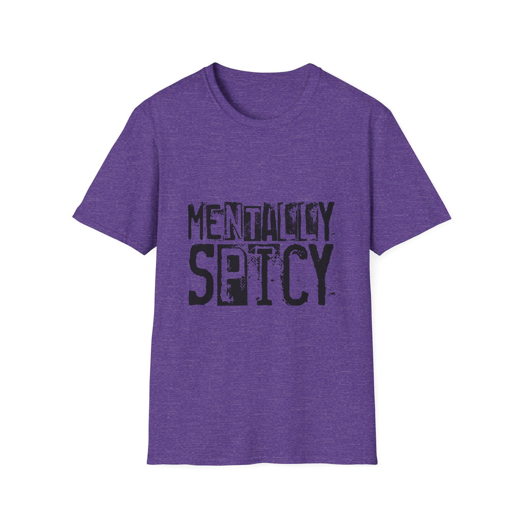 Purple t-shirt with 'MENTALITY SPICY' text on a white background
