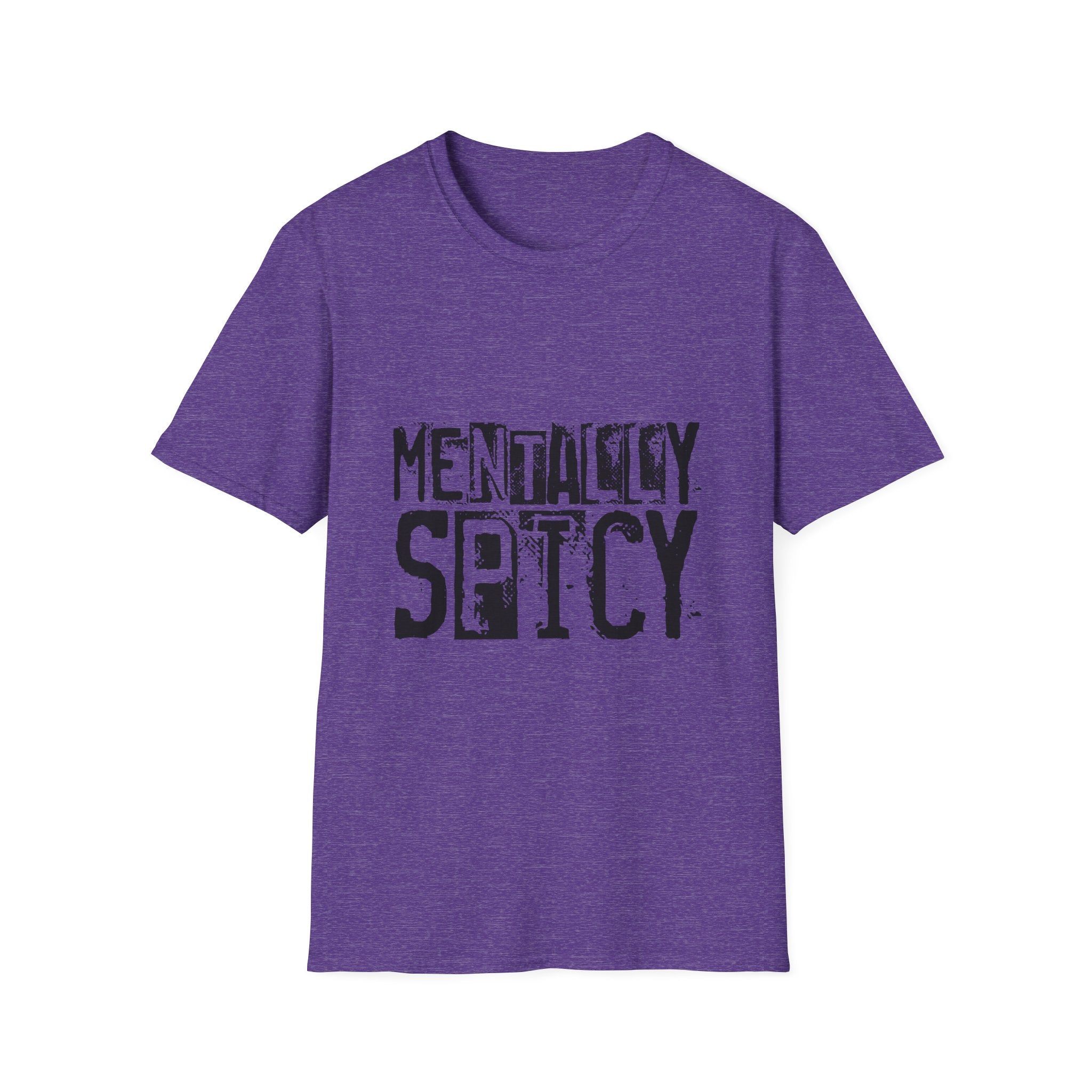 Purple t-shirt with 'MENTALITY SPICY' text on a white background