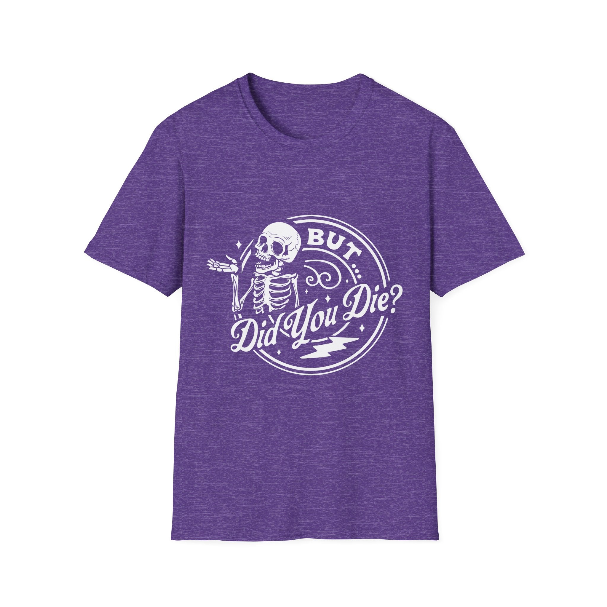 Purple t-shirt with a skeleton graphic and text on a white background