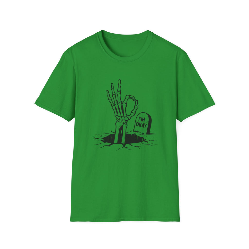 Green t-shirt with a black skeleton hand design on a white background