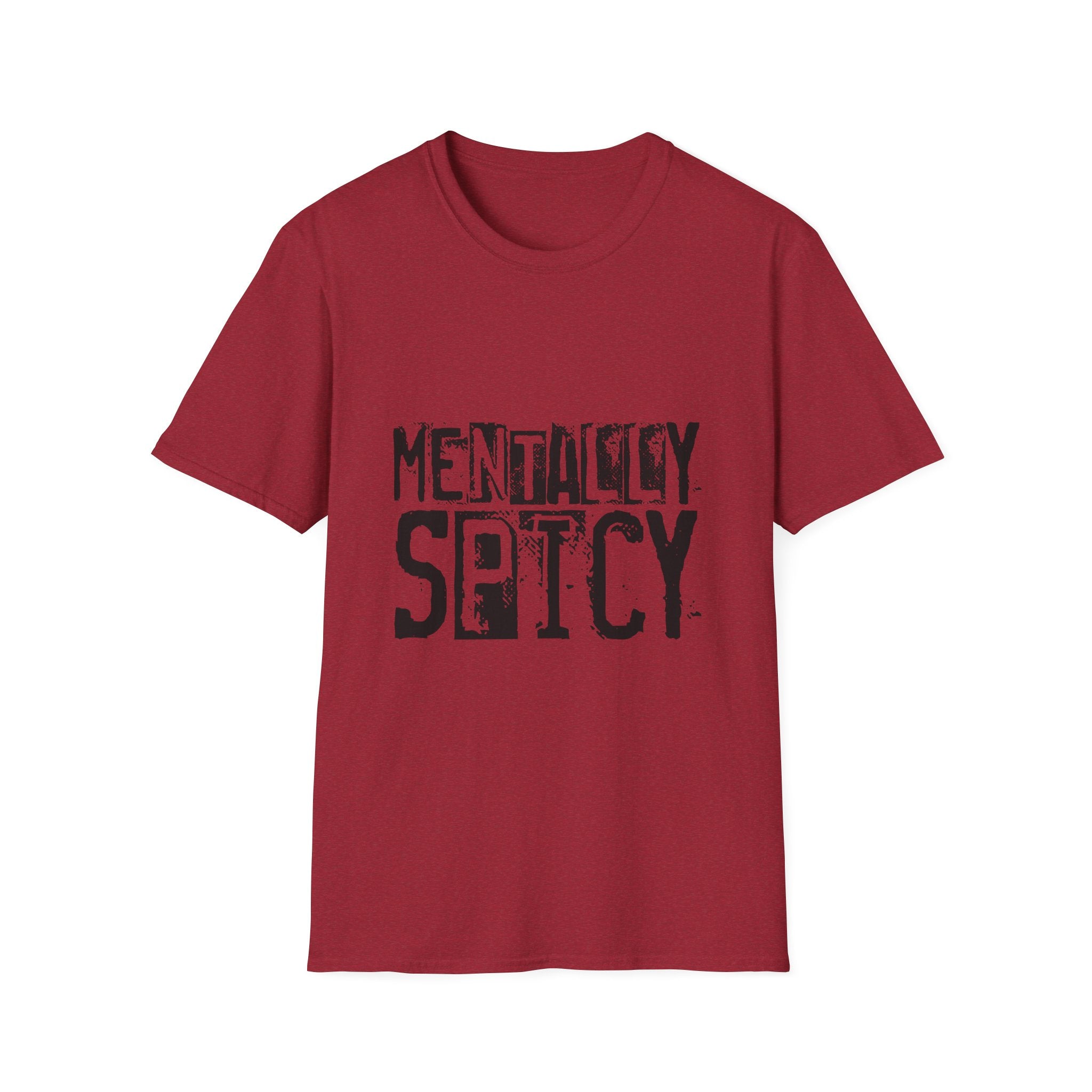 Red t-shirt with 'Mentally Spicy' text on a white background