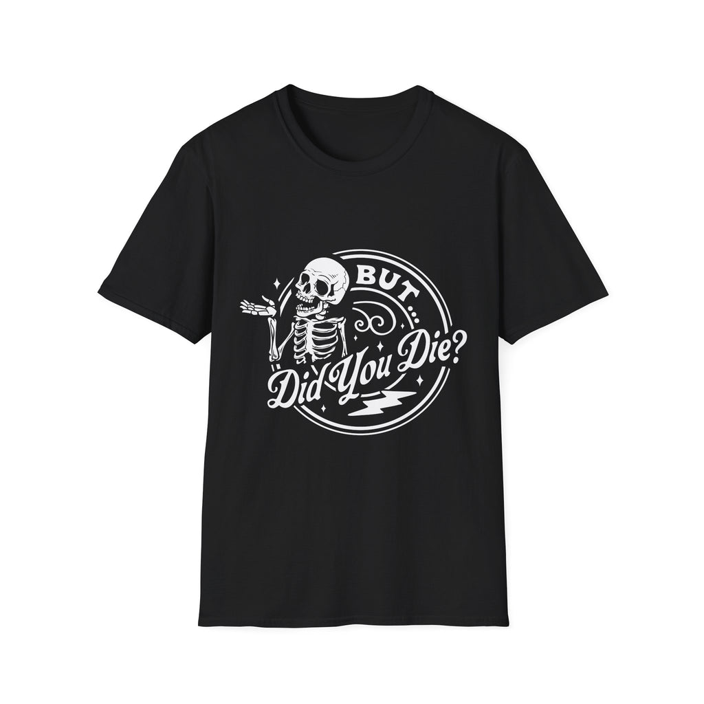 Black t-shirt with a skeleton graphic and text on a white background